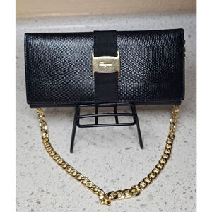 Salvatore Ferragamo Vara Logos Black Lizard Leather Long Wallet on Chain w/inser